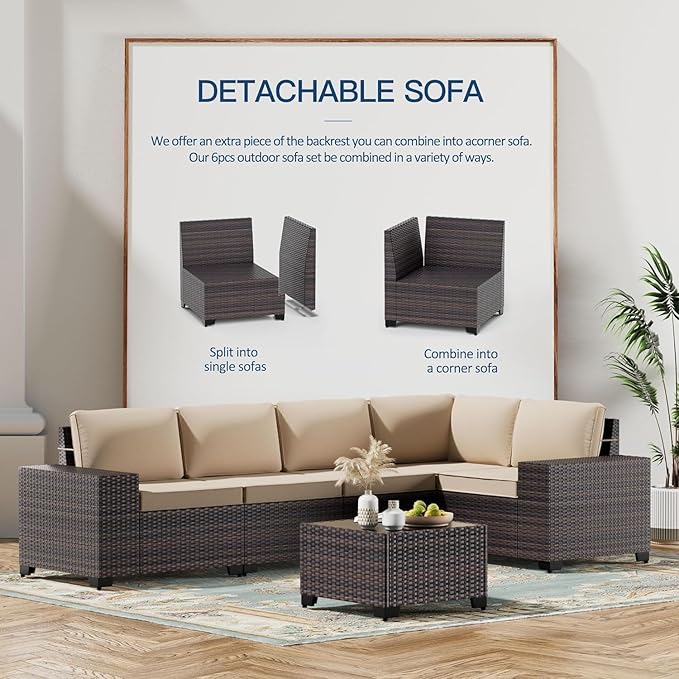 Kullavik Outdoor Patio Furniture Set,12 Pieces Sectional Rattan Sofa Set Brown PE Rattan Wicker Patio Conversation Set with 10 Seat Cushions and 2 Tempered Glass Coffee Table,Sand