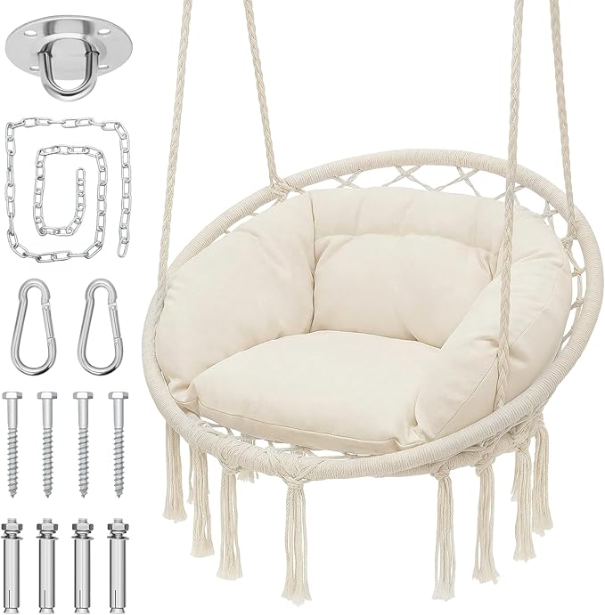 Monibloom Hanging Hammock Chair w/Large Comfy Cushion, Macrame Swing Chair Porch Hammock, Max 350 Lbs Capacity Hanging Swing for Adults & Teens, Backyard Hanging Chair for Relaxing Reading, White