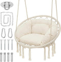 Monibloom Hanging Hammock Chair w/Large Comfy Cushion, Macrame Swing Chair Porch Hammock, Max 350 Lbs Capacity Hanging Swing for Adults & Teens, Backyard Hanging Chair for Relaxing Reading, White