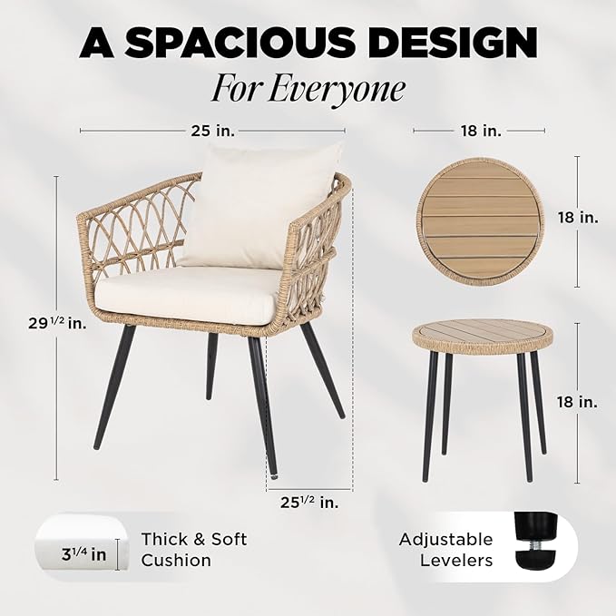 Idzo Heavy Duty 500lbs Weight Capacity Wicker Bistro Table and Chairs Set of 2 with Premium Olefin Fabric Soft Cushions