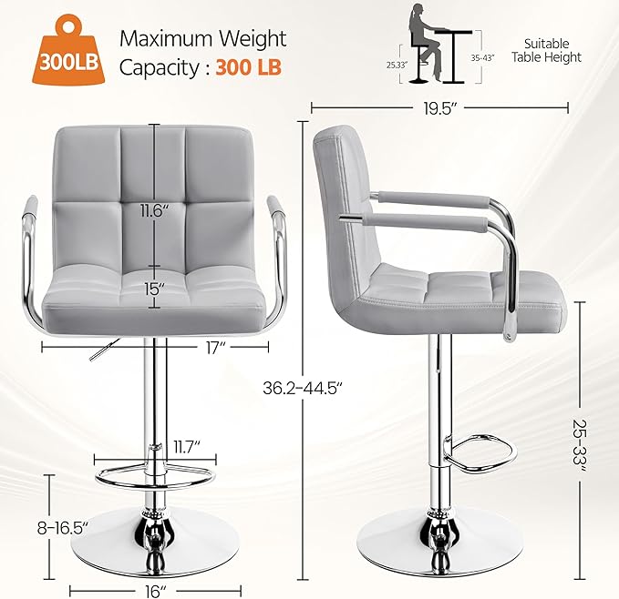 Yaheetech Bar Stools, PU Leather Adjustable Swivel Barstools, Hydraulic Kitchen Counter Height Bar Chairs with Armrest and Back for Kitchen, Dining Room, Light Grey