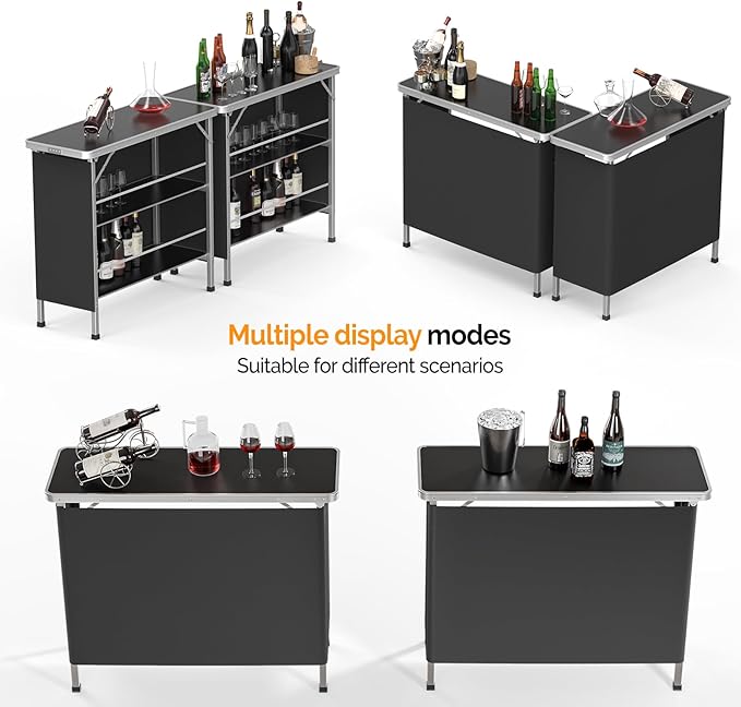 VINGLI 43" Portable Bar Table, 3-Tier Shelves, Mobile Bar Table for Events, Party, Camping, Picnic, Tradeshow, Indoor with Black Skirt (2, 43")