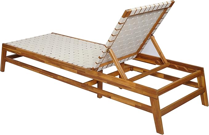 Christopher Knight Home Susua Rope Chaise Lounge with Acacia Wood Frame, Adjustable Backrest Single Lounge Sofa, Patio Sun Lounger Recliner Chair for Poolside Backyard, Teak + White