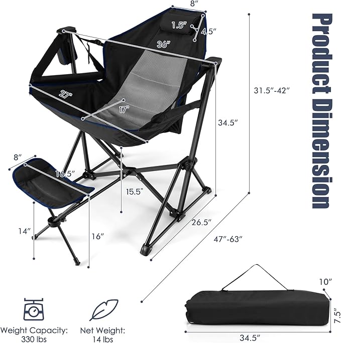 Tangkula Set of 2 Hammock Camping Chair, Portable Camp Chair with Retractable Footrest, Adjustable Back, Headrest, Cup Holder & Carry Bag, Outdoor Folding Lawn Chair for Camping, Fishing, Hiking