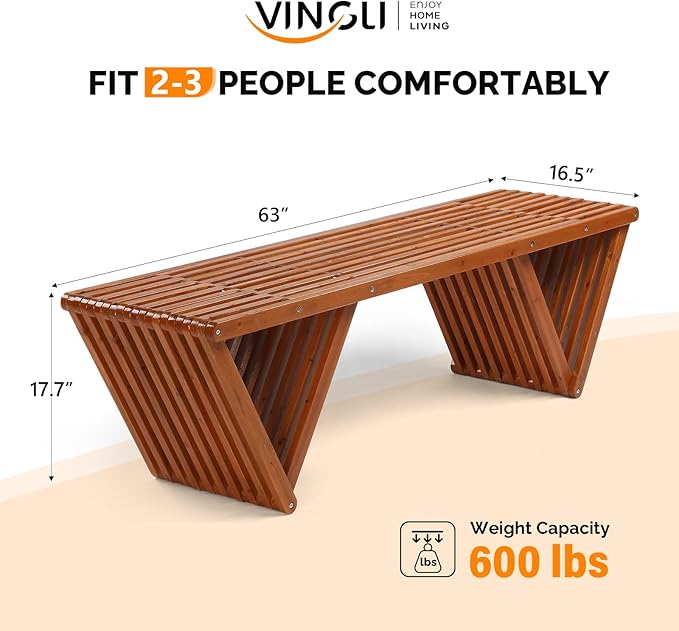 VINGLI Outdoor Wooden Bench, 63" All Weather Patio Bench Porch Bench, 600lb Capacity Outdoor Backless Benches for Yard Park Garden