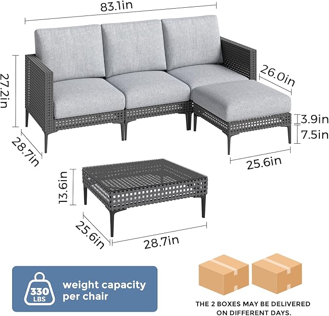 5 Pieces Outdoor Patio Conversation Set – Rattan L-Shaped Corner Sofa Comfortable Thickening Cushions for Garden, Balcony,Weatherproof Waterproof UV Resistance