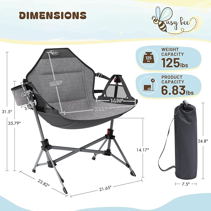 BusyBee Hammock Camping Chairs for Kids, Folding Kids Chair with Stand, Child Camping Gear, Hammock Swing Chair with Cup Holder & Carrying Bag for Outdoor, Lawn, Hiking, Indoor, Supports 125 LBS, Grey