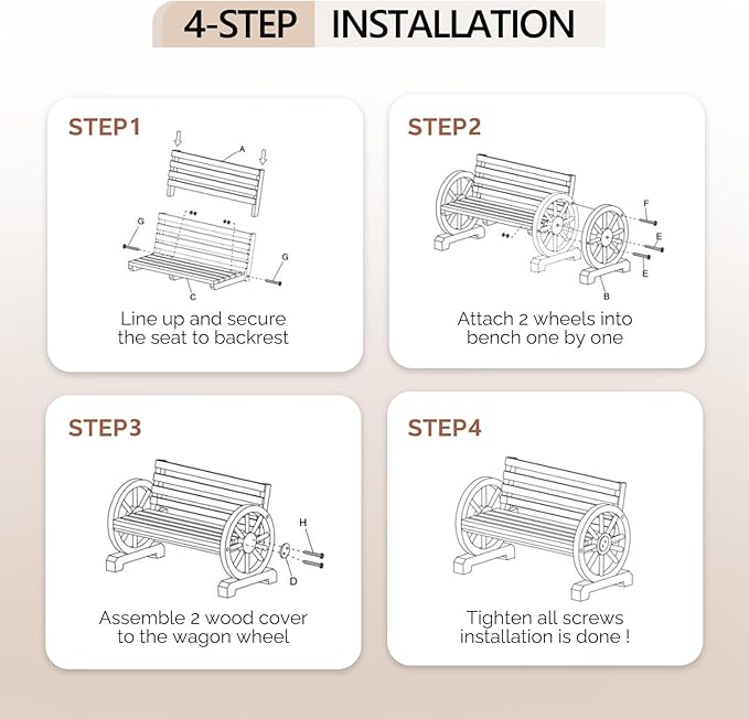 VINGLI Rustic Wooden Wheel Bench Outdoor Bench, Patio Bench Wagon Slatted Seat, Garden Benches for Outdoors 350lbs High Capacity, Weather Resistance (White, 55in)