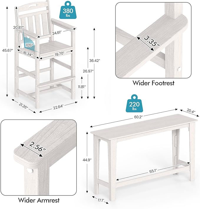 Ciokea Outdoor Bar Height Table Set of 5, 60" Extra Long Rectangle High Top Table and 4 Oversized Adirondack Chairs Set, Heavy-Duty All-Weather HDPE Patio Bar Set for Backyard Balcony Deck, White