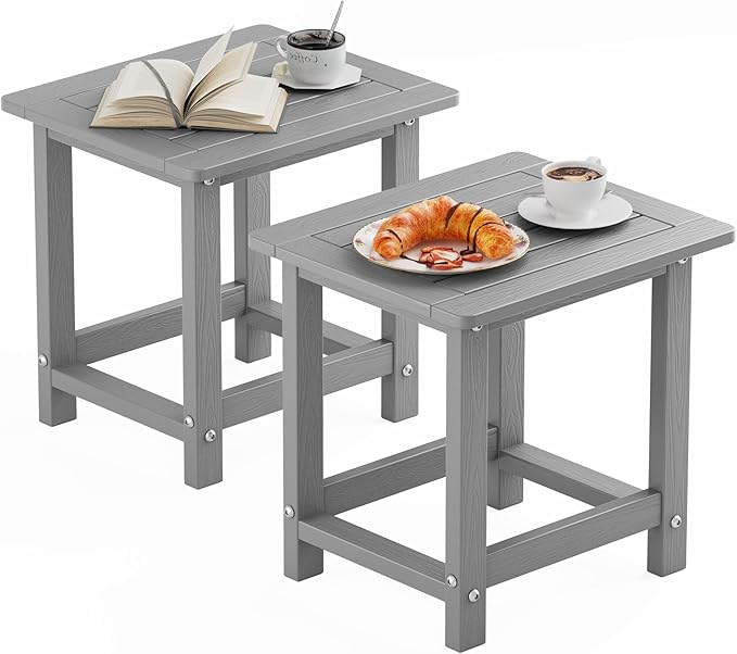 YEFU Outdoor Side Table for Patio: 16" HIPS Weather - Resistant Adirondack Tables Set of 2 - Small Square End Tables for Backyard Pool Porch Balcony - Indoor Outdoor Durable Table Grey
