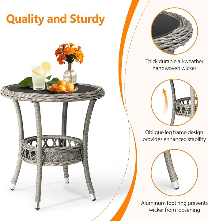 VINGLI Outdoor Wicker Side Table, Patio Side Tables for Outside Tempered Glass Top Wicker Table with Storage End Table for Balcony Porch Deck (Grey)