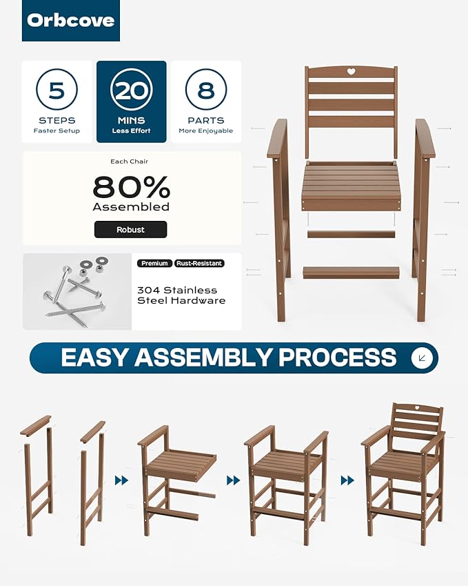 Patio Bar Table,Adirondack Chairs and Table 2 Pieces Set, Bar Height Chairs Set of 2, Outdoor Bar Stools Set,Weather-Resistant Outdoor Furniture for Deck, Balcony, Poolside Easy Assembly