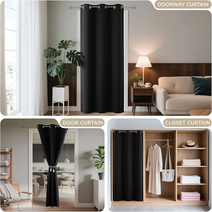 Joydeco Blackout Door Curtain for Doorway Privacy 78 Inches Long, Grommet Closet Curtain for Open Closet, Room Divider for Bedroom Living Room (Black, 40Wx78L, 1 Panel)