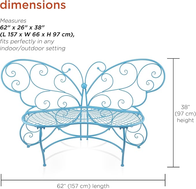 Alpine Corporation BAZ400BL Indoor Outdoor Metal Butterfly Shaped Garden Bench, 62" Long, Blue