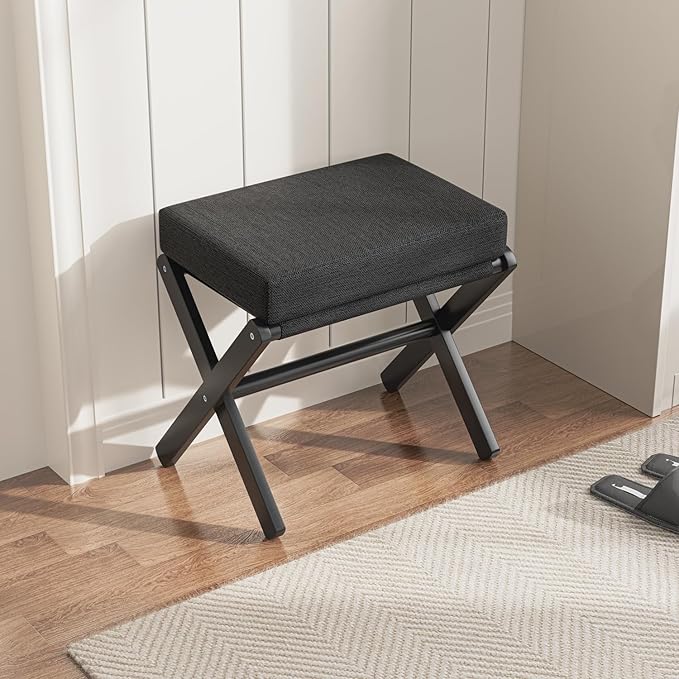 Foldable Foot Stool Ottoman, Small Padded Foot Rest with Bamboo X-Legs, Portable Folding Leg Rest for Living Room Bedroom Office, Soft Foam Cushion Step Stool for Couch & Armchair (Black)