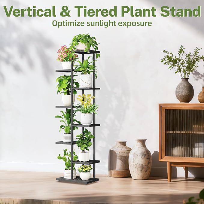 iDavosic.ly Plant Stand Indoor with Grow Light, 7-Tier Tall Metal Flower Shelf for Heavy-Duty Large Planters, Corner Orchid Display Rack for Living Room Balcony Patio Porch, Modern Black