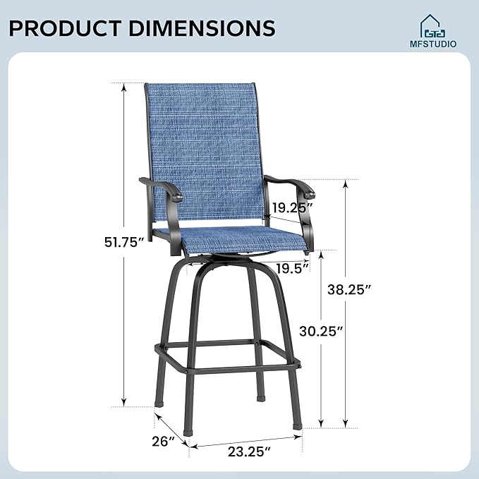 MFSTUDIO Outdoor Bar Stools Set of 4, Swivel Bar Height Patio Chairs Outdoor Barstools High Top Patio Swivel Bar Chairs, Breathable Textilene, Navy Blue