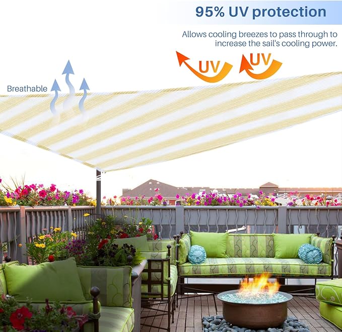 E&K Sunrise 5' x 5' x 5' Sun Shade Sail Triangle Canopy Shade Cover UV Block for Patio Backyard Garden Outdoor (Beige White Strip)