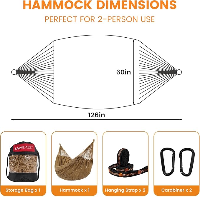 Lazy Daze Hammocks Handwoven Mayan Hammock, 10.5 FT Soft Rope Double Hammocks, Portable Outdoor Hammock with Carry Bag, 2 Straps & Carabiners for Patio Outside, 550 lbs Weight Capacity, Tan