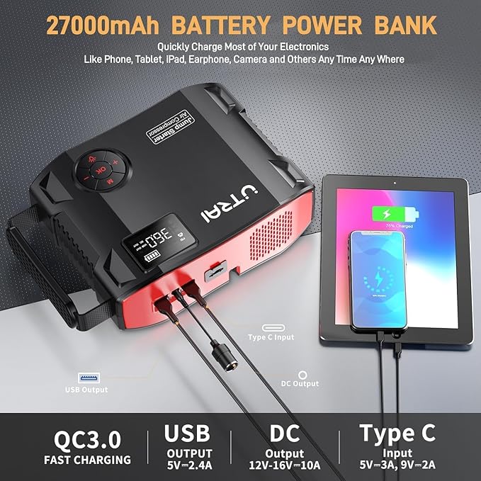 UTRAI Jump Starter with Air Compressor, 6000A 27000mAh Car Starter Jump Box with 150PSI Tire Inflator, Portable Jump Pack (All Gas/10L Diesel), DC160W, QC3.0 Jumper Cables, 1600LM Light