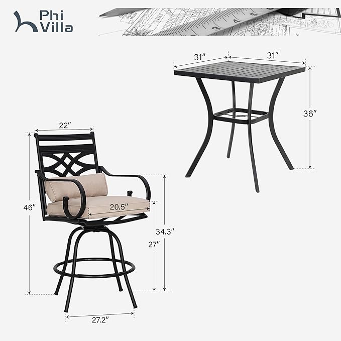 PHI VILLA 3 Pieces Patio Bar Set,Outdoor Bar Table and Chairs Set, Strong and Heavy Duty Outdoor Bar Set with Cushion and Pillow，2PCS Swivel Bar Stools with Square Bar Height Table