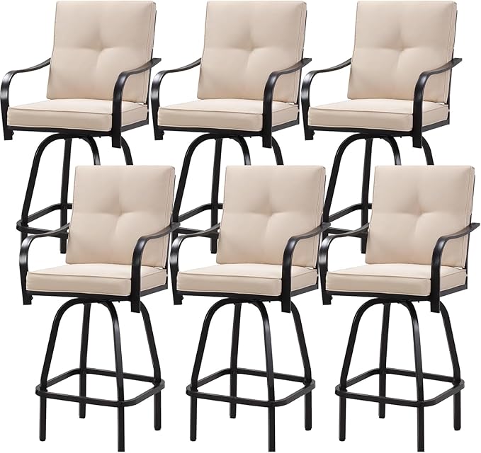 Patio Swivel Bar Stools, Outdoor Bar Height Swivel Chairs Set of 6 with Cushion & All Weather Steel Frame for Backyard, Lawn, Poolside and Balcony, Beige