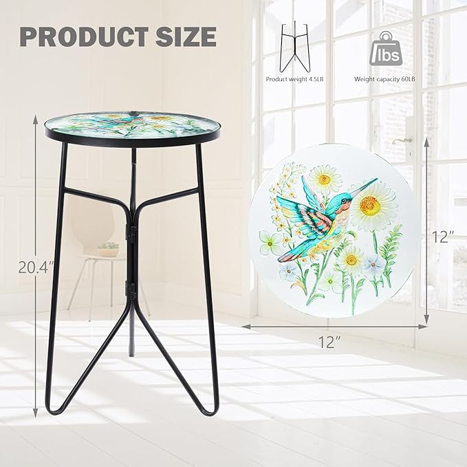 VCUTEKA Patio Side Table Outdoor Accent Table Bistro Coffee Table Plant End Table Small Porch Table Indoor Round Glass Balcony Plant Table Stands Golden Transparent Hummingbird 12 inches