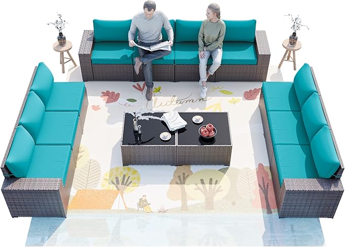 ALAULM 12 Pieces Outdoor Patio Furniture Set Sectional Sofa Sets Brown PE Rattan Patio Conversation Set w/10 Turquoise Blue Seat Cushions and 2 Coffee Tables