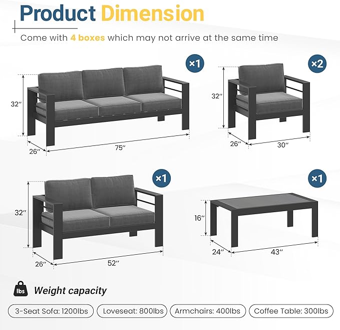 Solaste Aluminum Outdoor Patio Furniture Set, 7 Seats Patio Sectional Sofa with 5" Thick Cushion, Outdoor Patio Set with Coffee Table for Porch, Backyard, Deck, Yard, Grey