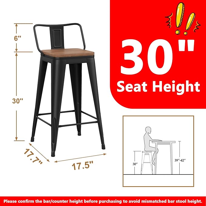 WENTMENT Bar Stools Set of 2 Counter Height Metal Barstools with Removable Back 30" Kitchen Bar Stools with Wooden Seat, Black