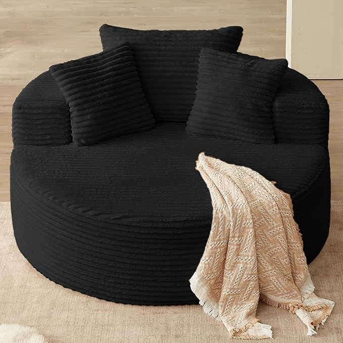 Oversized Round Chair Lounge Chaise Indoor, Upholstered Corduroy Deep Seat Cloud Large Circle Sofa Chair, No Assembly Required, Fluffy Modern Sleeper Sofa Bed for Reading, Dark Black