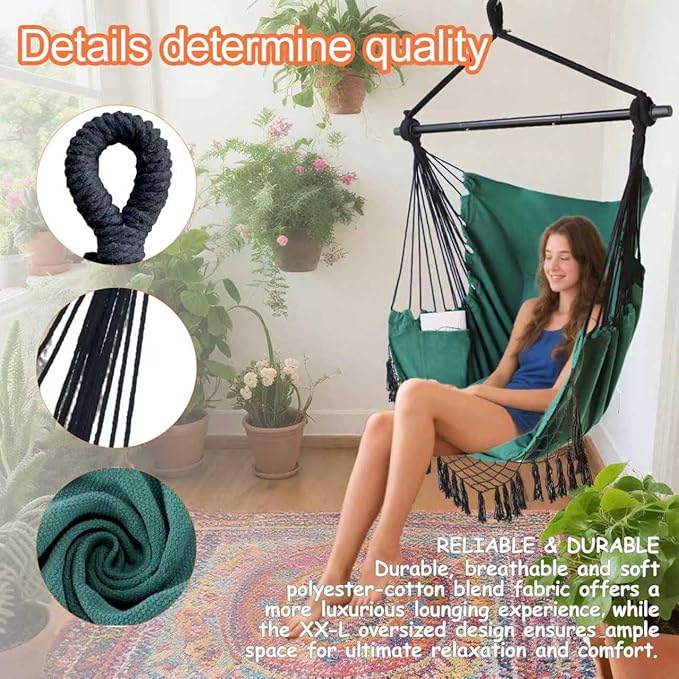 Hammock Chair Hanging Rope Swing Chair,Max 450 Lbs, Large Hanging Chair with Pocket, 2 Cushions, Removable Steel Bar, Hardware Kit Included, Superior Comfort for Indoor Outdoor (Dark Green)