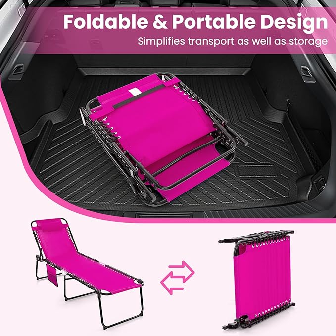 GYMAX Lounge Chairs for Outside, Extra High Folding Beach Tanning Lounger with 4-Level Adjustable Backrest, 2-Level Footrest & Removable Pillow, Sunbathing Lounge for Patio, Lawn, Poolside (2, Pink)