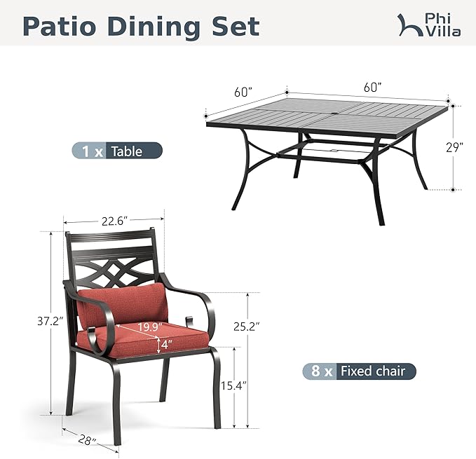 PHI VILLA 9 Pieces Outdoor Dining Set for 8, 60" Square Black Metal Table with Umbrella Hole & Wrought Iron Chairs, All Weather Outside Furniture with Red Cushions & Pillows for Patio, Deck, Porch