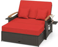 LDAILY Moccha Outdoor Wicker Daybed, Patio Rattan Loveseat Sofa w/ 4-Level Adjustable Backrest, Folding Panels, Storage Ottoman & Cushions, Lounge Furniture Set for Poolside Backyard Porch (Red)