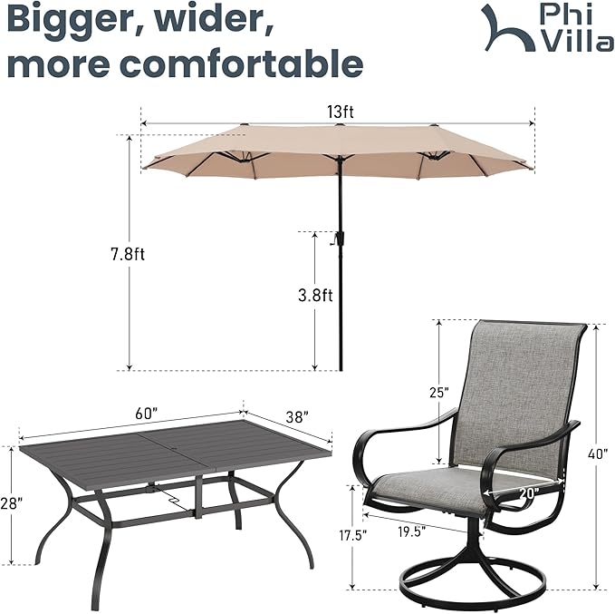 PHI VILLA 8 PCS Patio Dining Set with 13ft Large Patio Umbrella(Beige), 6 Outdoor Swivel Chairs & 1 Rectangle Metal Table for 6 Person, Patio Dining Fruniture Set for Lawn Garden(No Umbrella Base)