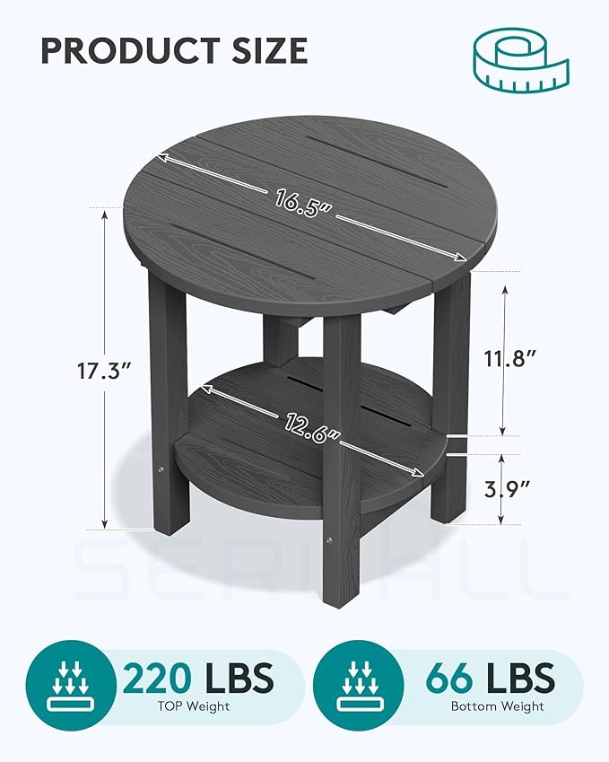 SERWALL Round Outdoor Side Table, HDPE Small Adirondack End Table,2-Tier Patio Side Table for Backyard Pool Porch Garden Lawn, Gray