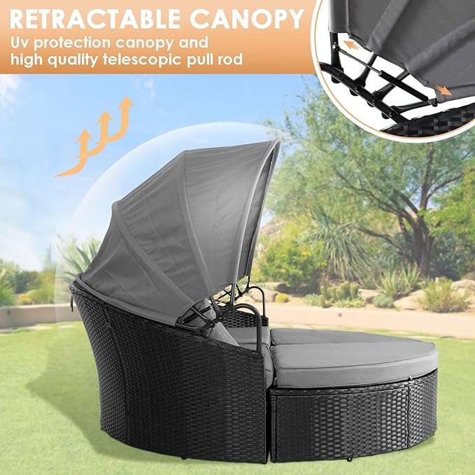 Outdoor Patio Furniture Canopy Daybed Round Sofas, 4 Pieces Seating Separates Cushioned Seats, Black Wicker, Lawn Poolside Garden, Grey