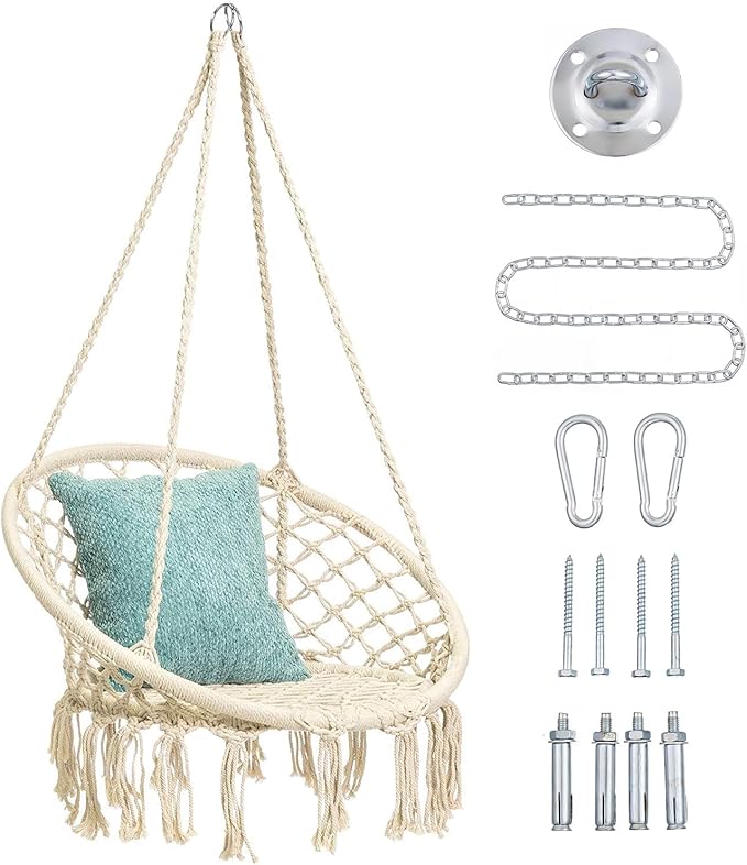 Hammock Swing Chair for 2-5 Years Old Kids,Handmade Knitted Macrame Hanging Swing Chair for Indoor,Bedroom,Yard,Garden- 230 Pound Capacity Off-White- with Suspension Kit
