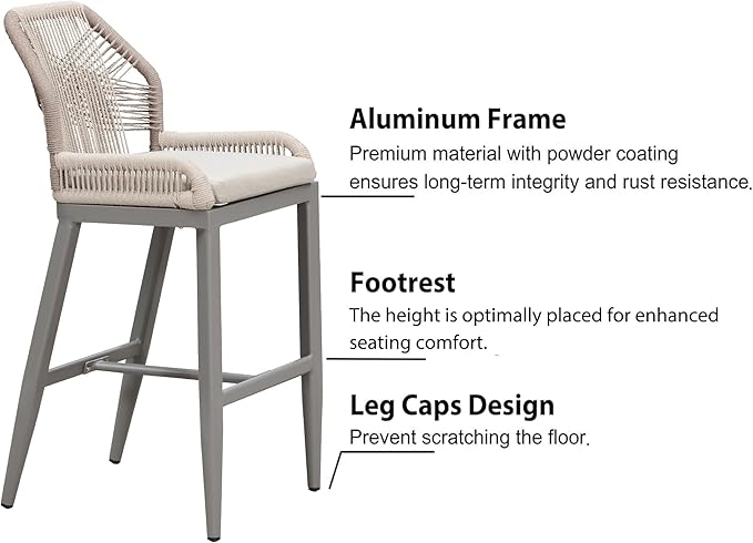 PURPLE LEAF Patio Bar Stool Bar Height Set of 2 Outdoor Rattan Chairs with Back Modern Aluminum Woven Barstools for Garden Indoor Kitchen Light Gray