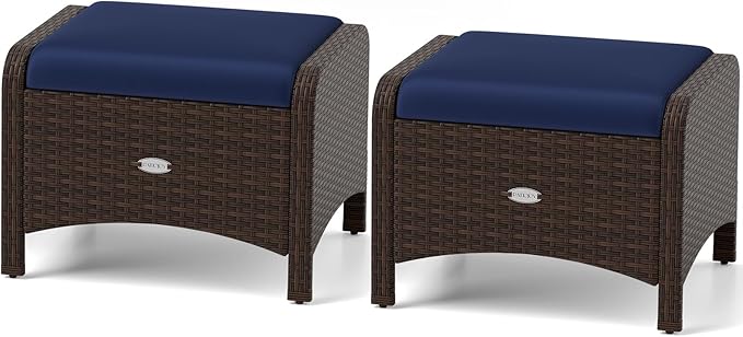 RELAX4LIFE Wicker Outdoor Ottomans for Patio - Set of 2 Rattan Footstools w/Removable Cushions, Multipurpose Outside Foot Rest, Side Table & Additional Seating for Porch Garden Backyard (Navy)