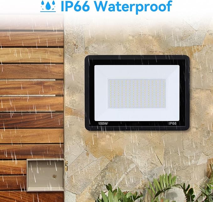 4Pack-150W LED Flood Light Outdoor,16500lm LED Work Light with 6FT US Plug,IP66 Waterproof Exterior Security Lights,6000K Daylight White Outside Floodlights Slim design for Playground Yard Stadium