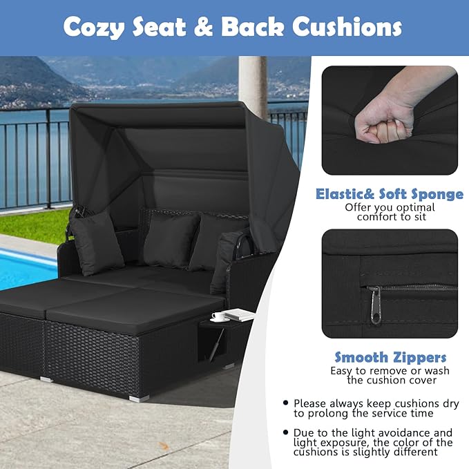Moccha Outdoor Daybed with Retractable Canopy, Wicker Cabana with 2 Side Tables & Soft Cushions ,Hand-Woven PE Rattan Bed Lounger, Patio Sectional Furniture Set for Garden Backyard Porch (Black)
