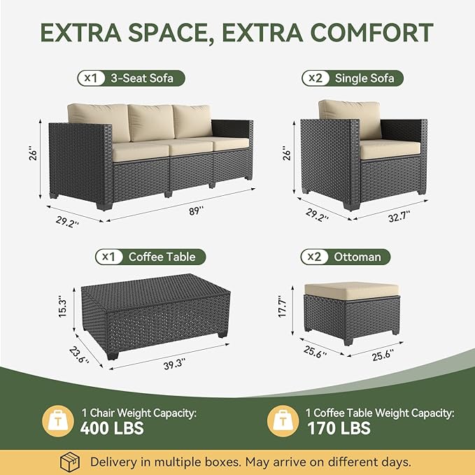 Aoxun 8 Piece Outdoor Patio Furniture Set 7 Seats, Outdoor Sectional with Thick Waterproof Cushions & Storage Coffee Table, Patio Conversation Sets for Garden,Backyard, Porch, Balcony, Deck, Beige