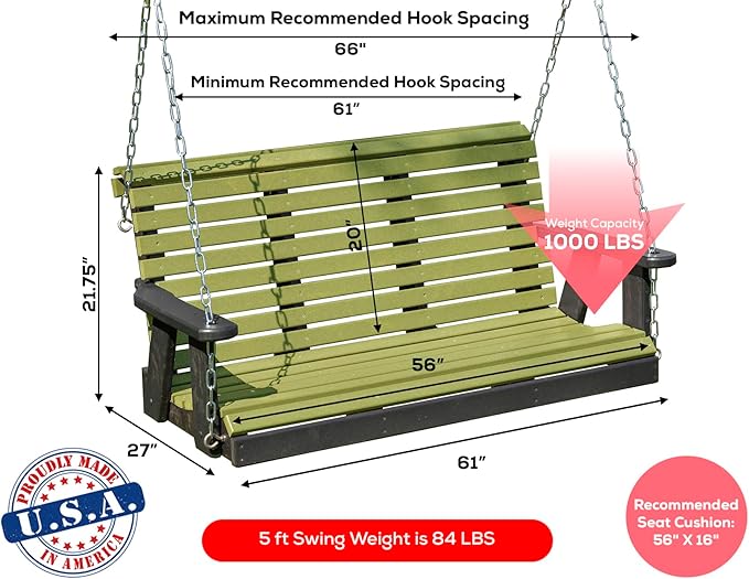 Poly Lumber Wood 5FT Porch Swing Amish Craftsmandship Made in USA HDPE with No wood fibers and 1000 lbs Limit. Stainless Steel Hardware.Signature Rollback design for Patio Outdoor Backyard Garden Park