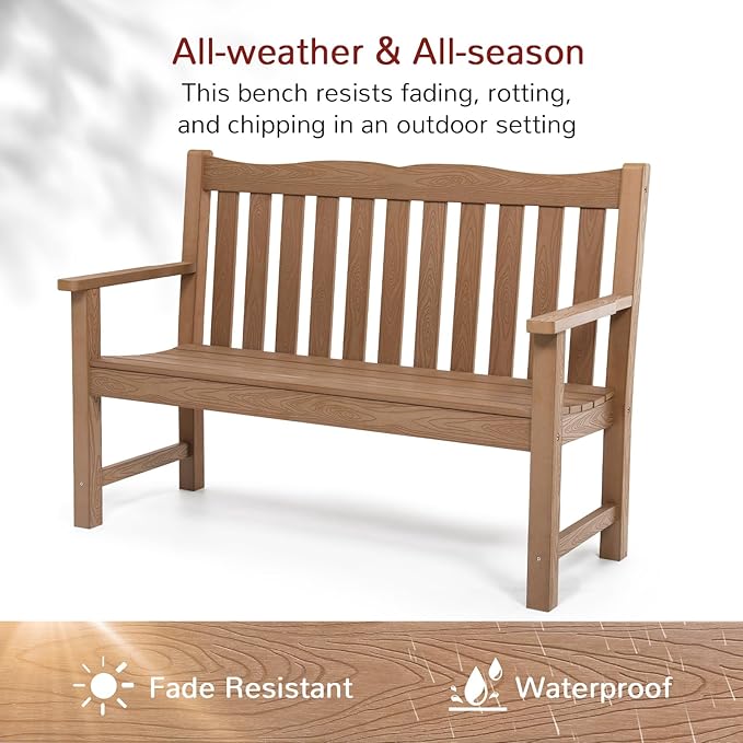 Stoog HIPS Outdoor Patio Dining Set, 4-Piece All-Weather Garden Bench, Chairs and Table Set, Patio Dining Set for Backyard, Lawn, Deck and Porch, Teak