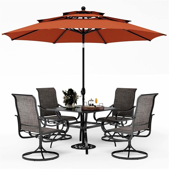 PHI VILLA Patio Table and Chairs Dining Set with Umbrella for 4, Outdoor Dining Set with 4 Swivel Patio Chairs, 1 Square Metal Dining Table and 10ft Orange Red Large Patio Umbrella (No Umbrella Base)