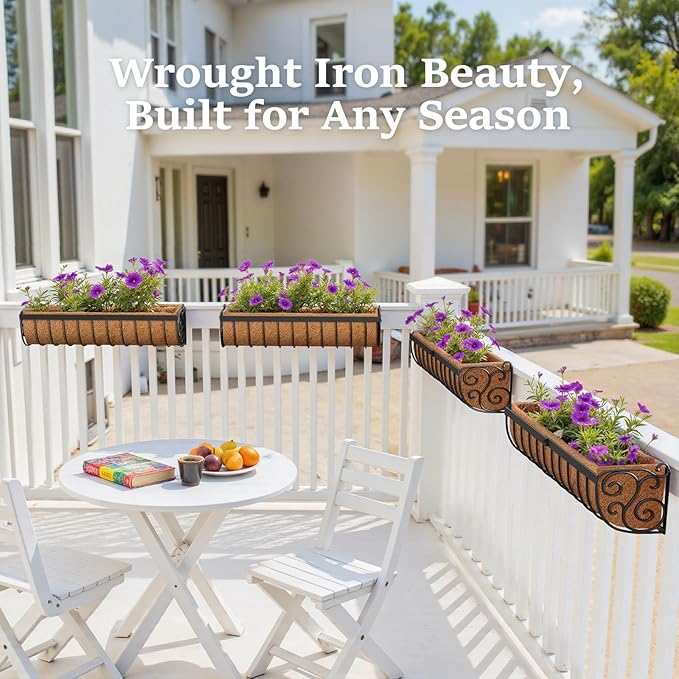 Railing Planter Boxes, 30 Inch Window Boxes Planters, Balcony Planters with Adjustable Brackets & Coco Liner & Support Rod for Outdoor Fence, Deck, Porch, and Patio Gardening, 2 Pack