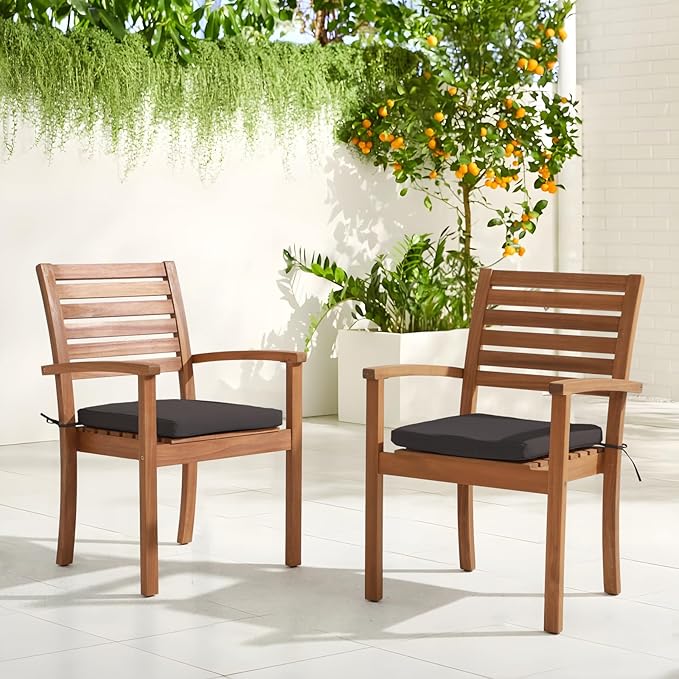OC Orange-Casual Stackable Patio Dining Chairs Set of 2, Outdoor Acacia Wooden Chairs w/Armrest & Removeable Fabric Cushion, for Porch, Backyard, Garden, Indoor, Dark Grey