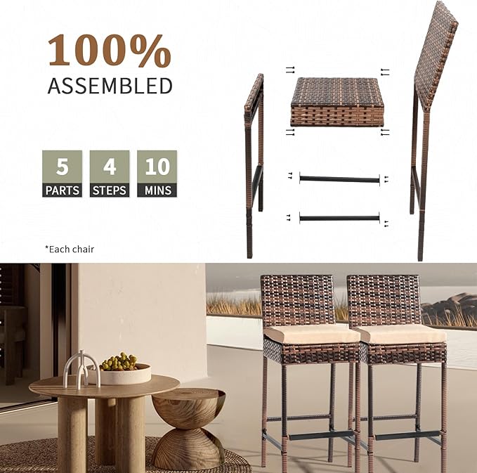 VINGLI Outdoor Wicker Bar Stool Set of 2, Patio Bar Stools w/Cushion, Bar Height Patio Chairs Outdoor Rattan Barstools for Garden Pool Lawn Backyard, Brown